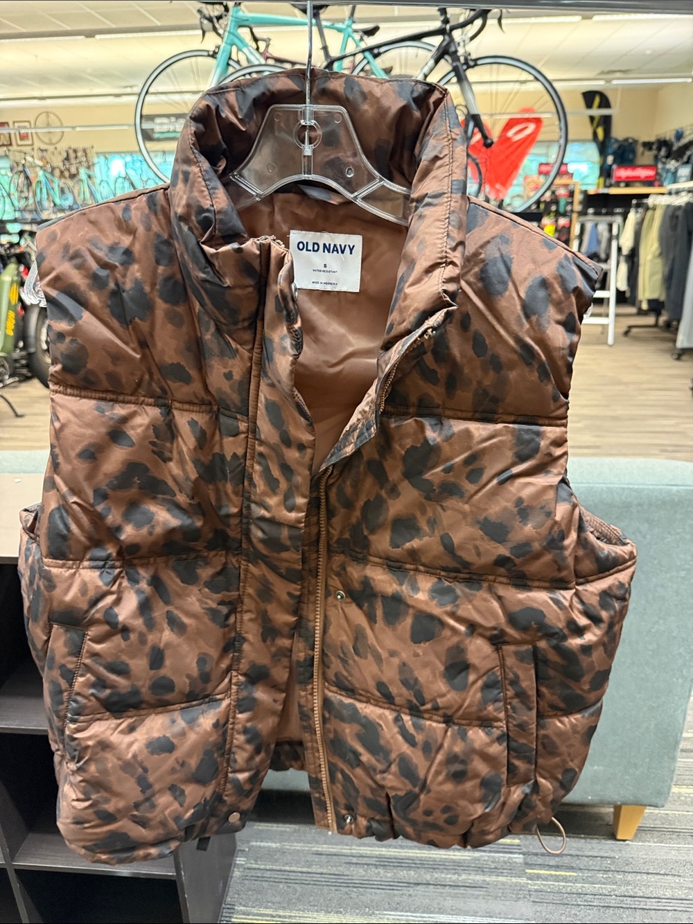 Old Navy Brown and Black Leopard Print Puffer Vest - Size Small